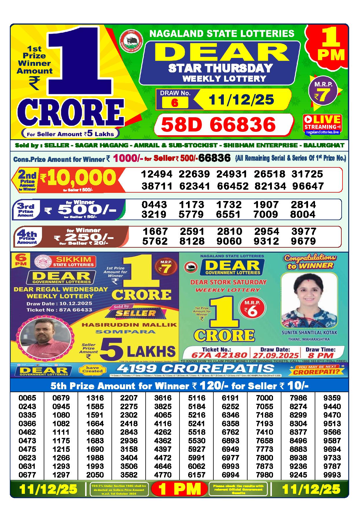 Dear Lottery Result Today 1 PM - 11 Dec 2025