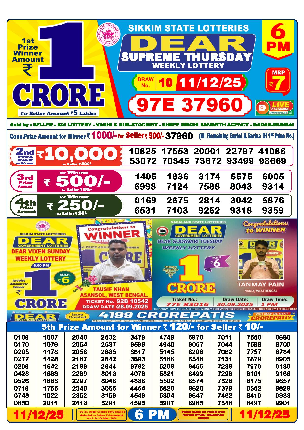 Dear Lottery Result Today 6 PM - 11 Dec 2025