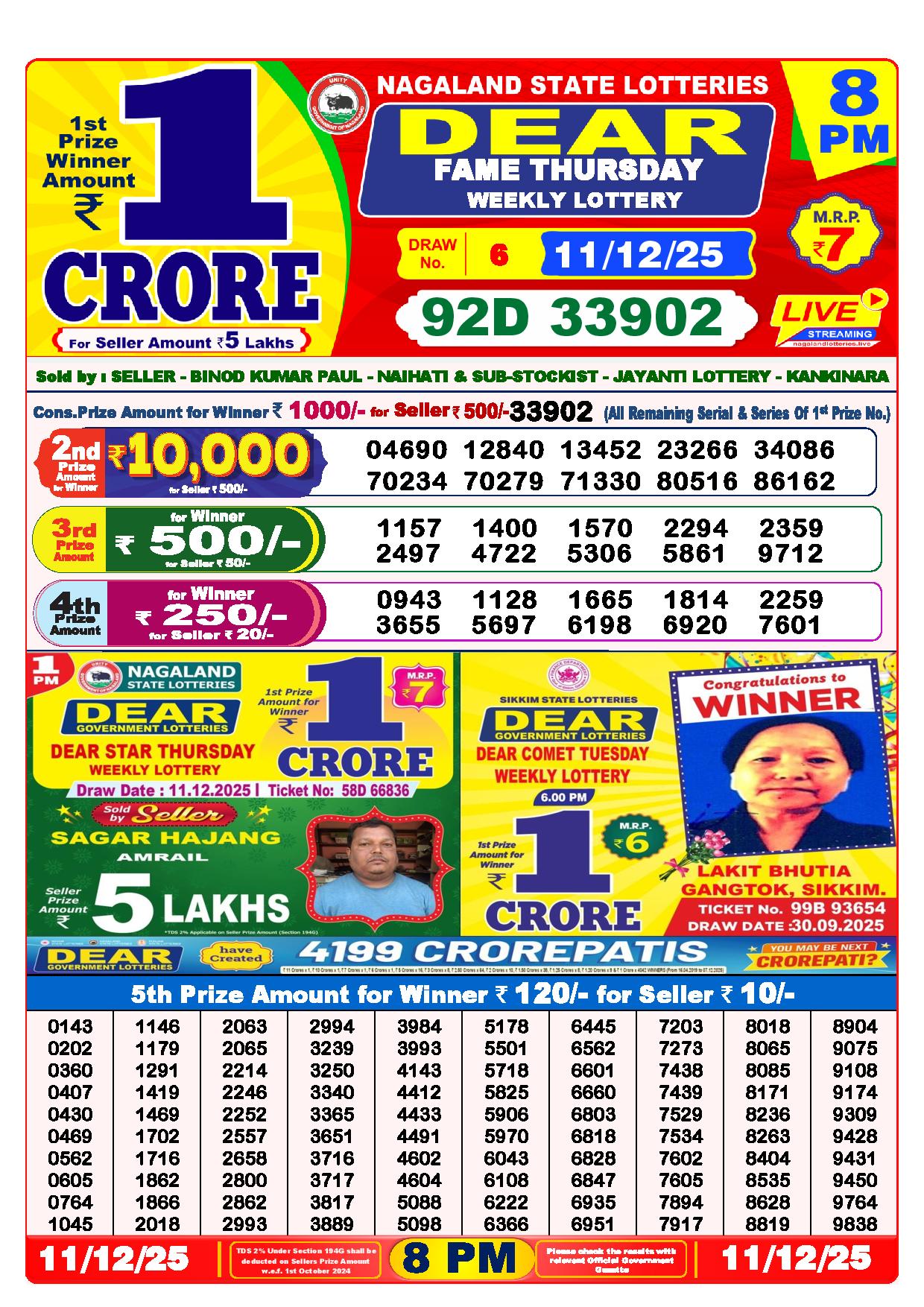 Dear Lottery Result Today 8 PM - 11 Dec 2025
