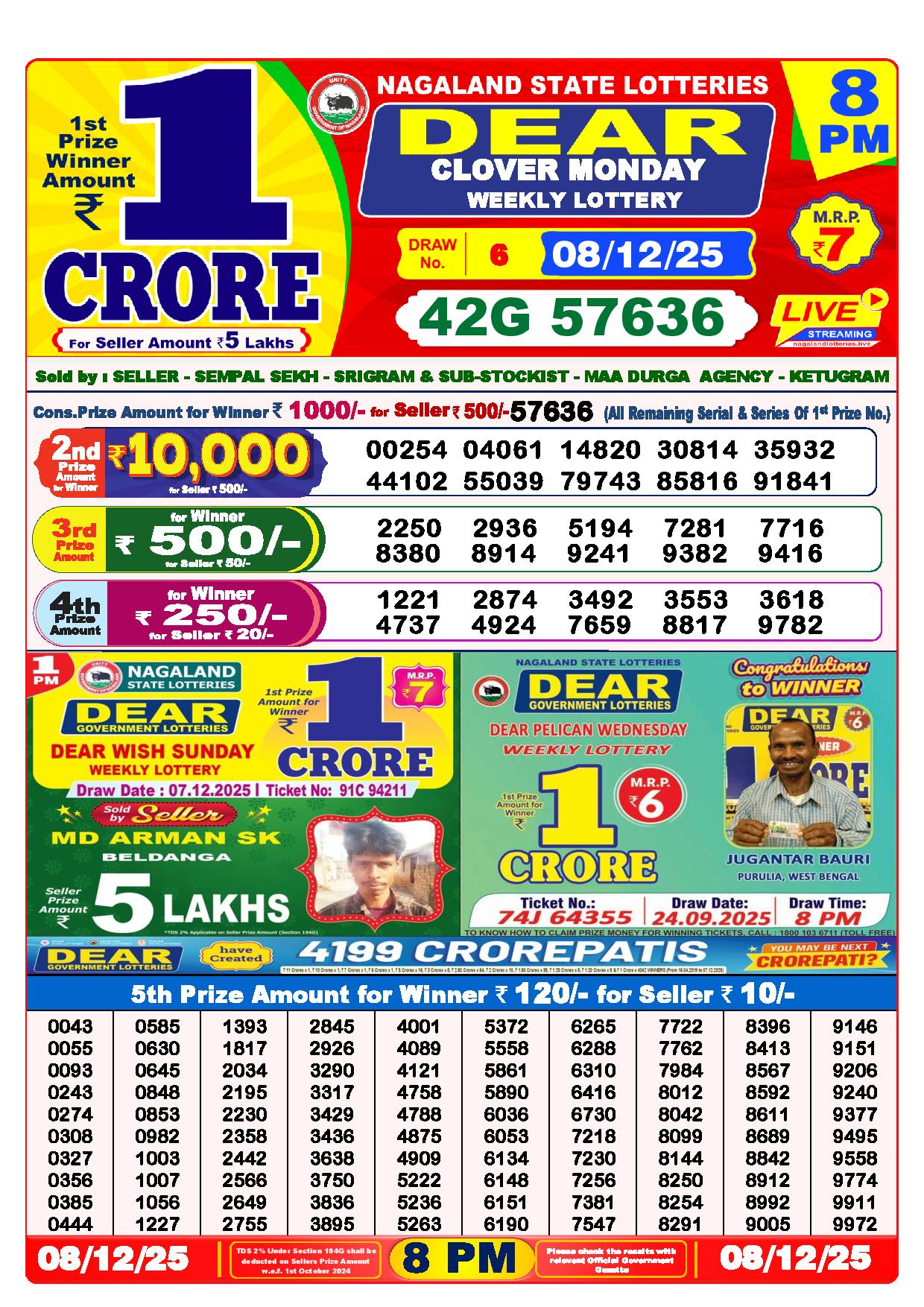 Dear Lottery Result Today 8 PM - 8 Dec 2025