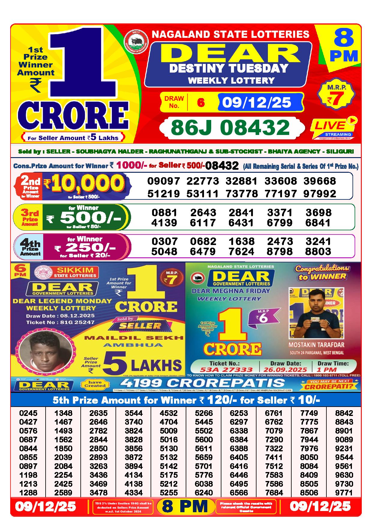 Dear Lottery Result Today 8 PM - 9 Dec 2025